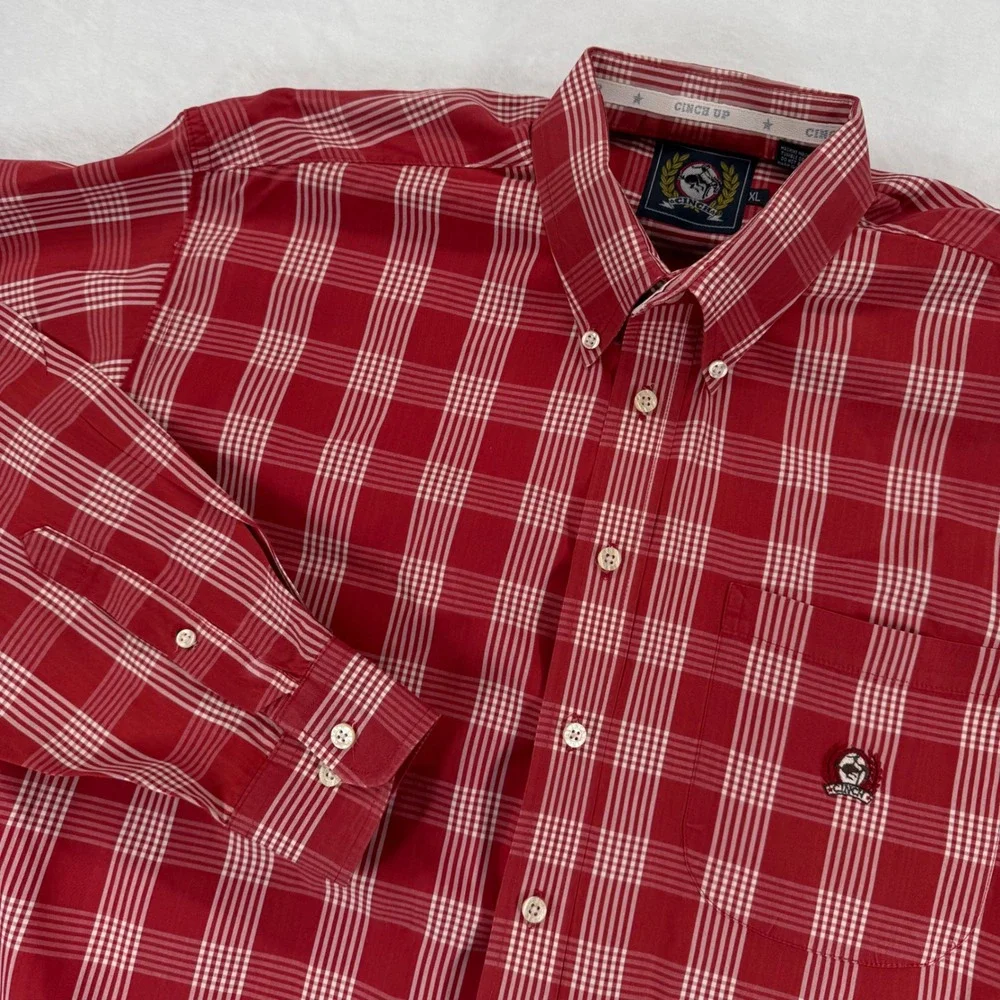 Cinch Mens XL Red White Plaid‎ Long Sleeve Button Down Cotton Western Shirt